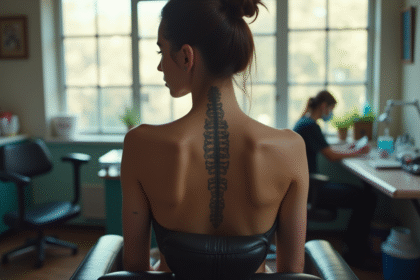 Jeune femme assise sur une chaise de tatouage avec un tatouage de la colonne vertébrale fraîche