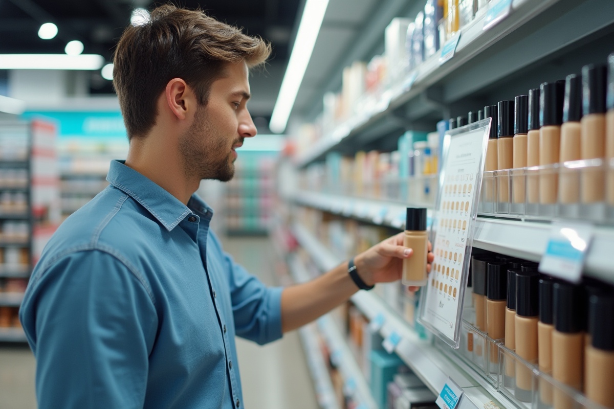Jeune homme examine des produits de maquillage en pharmacie