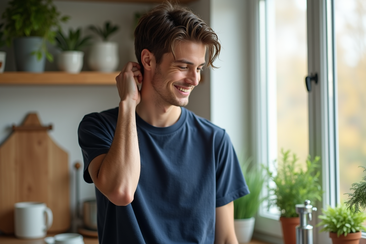 Jeune homme se coiffant dans une cuisine lumineuse