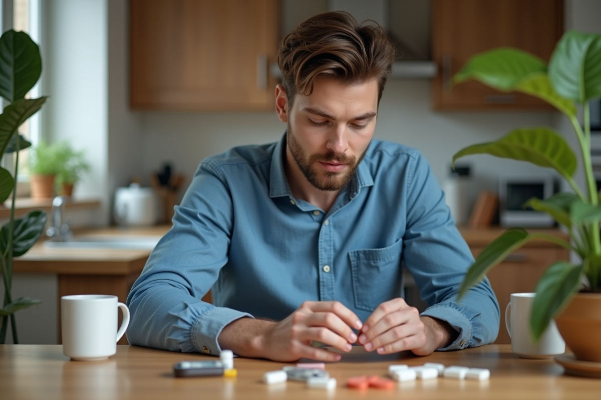 Jeune homme lisant des étiquettes de compléments alimentaires