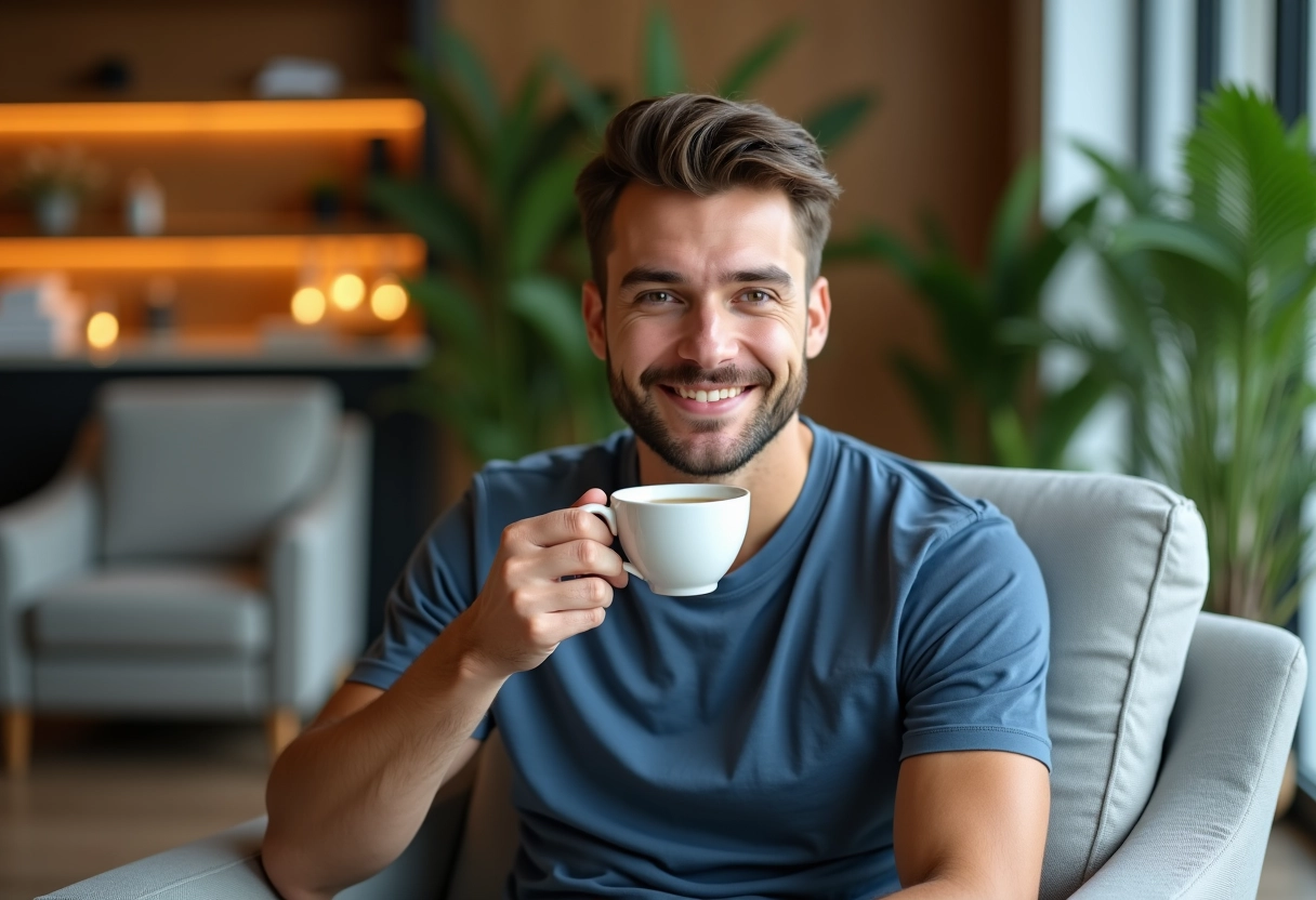 Jeune homme relaxe avec une tasse de tisane après soin