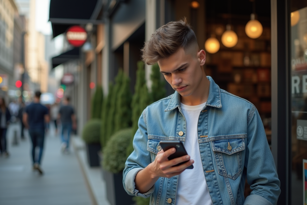 Jeune homme regardant son nouveau fade en extérieur