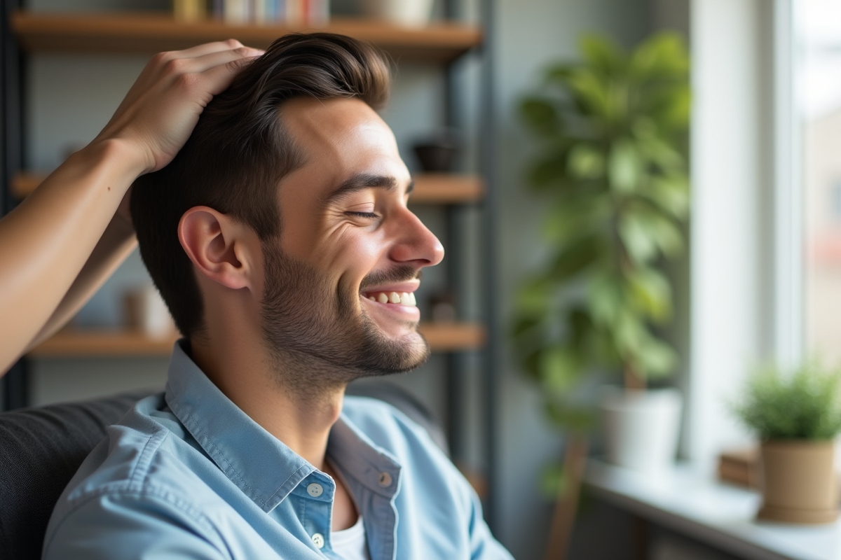 Jeune homme souriant recevant un massage du cuir chevelu à la maison