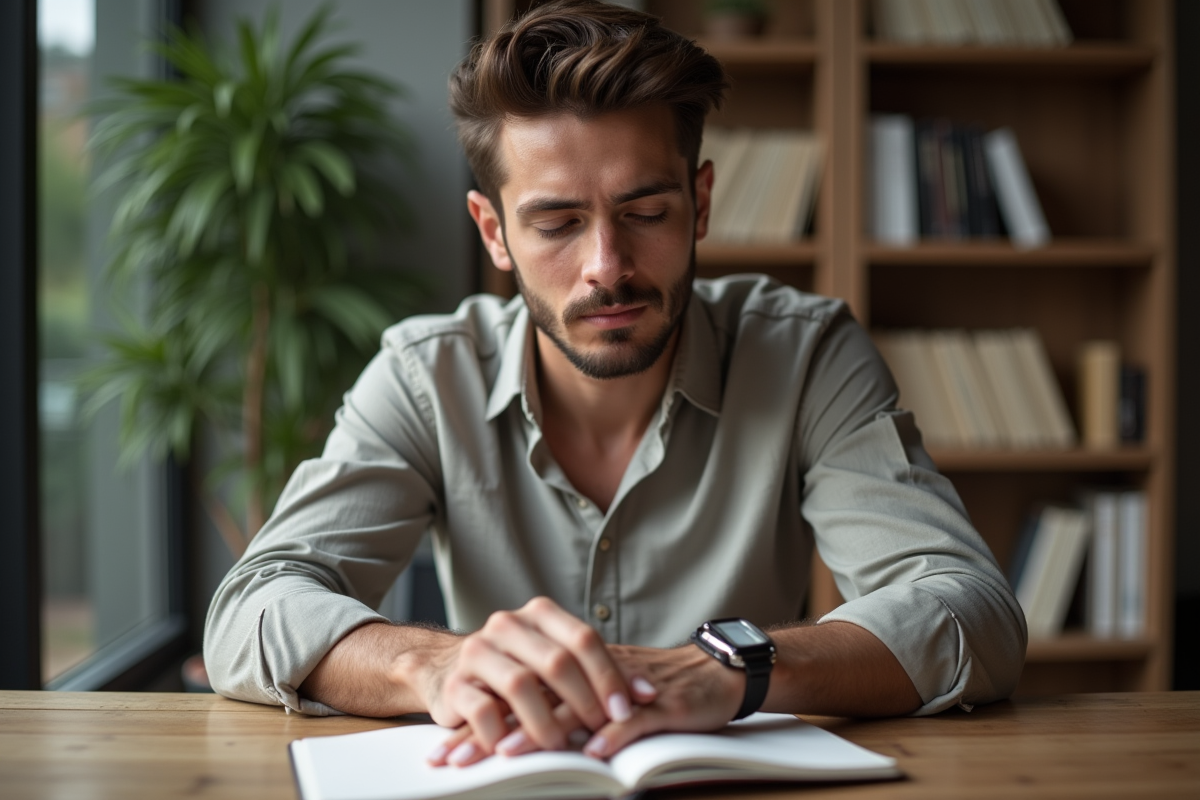 Jeune homme regardant ses ongles manucurés au bureau