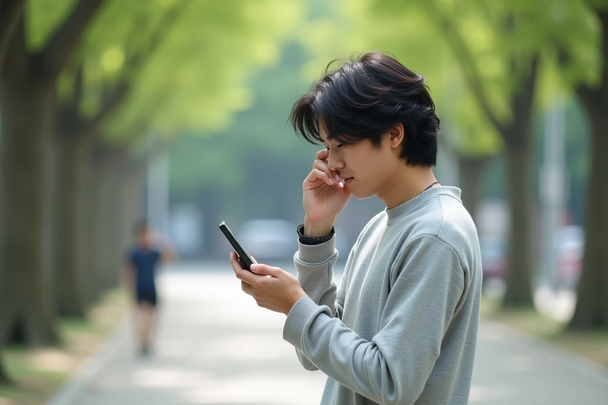 Jeune homme ajustant ses cheveux dans un parc urbain