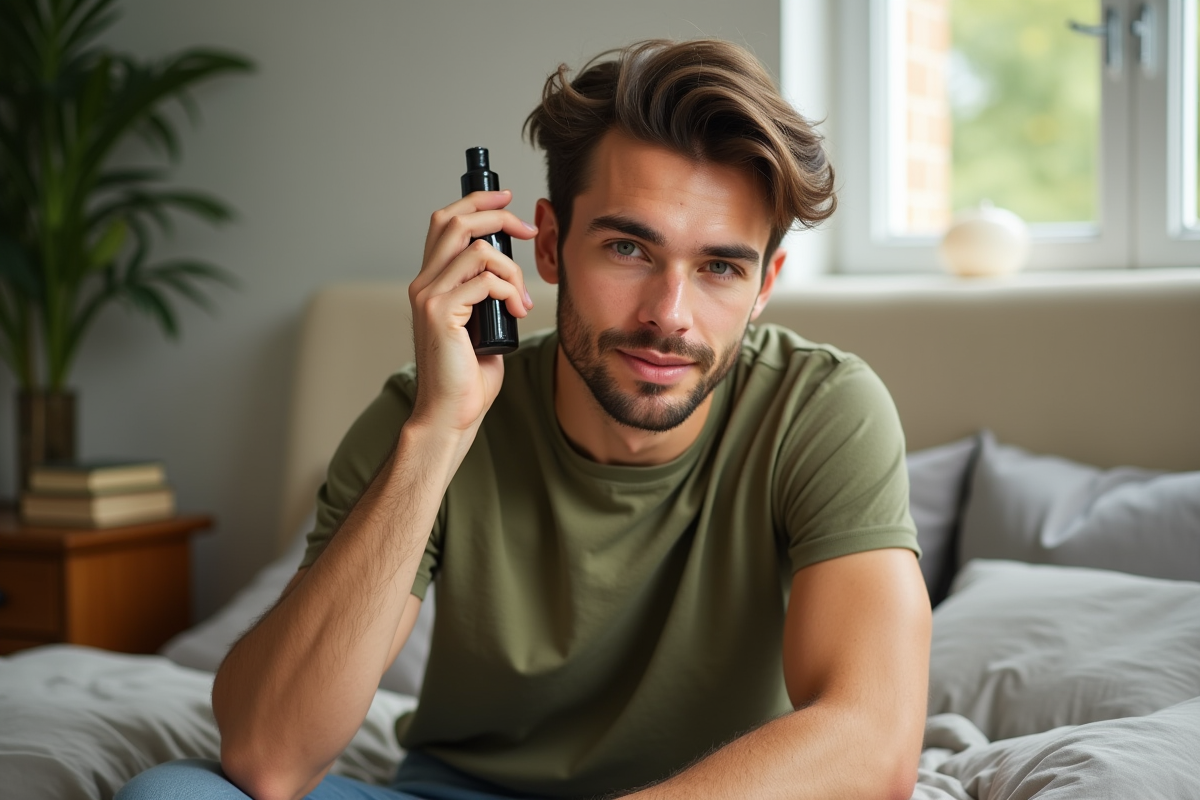 Jeune homme appliquant un serum capillaire près d