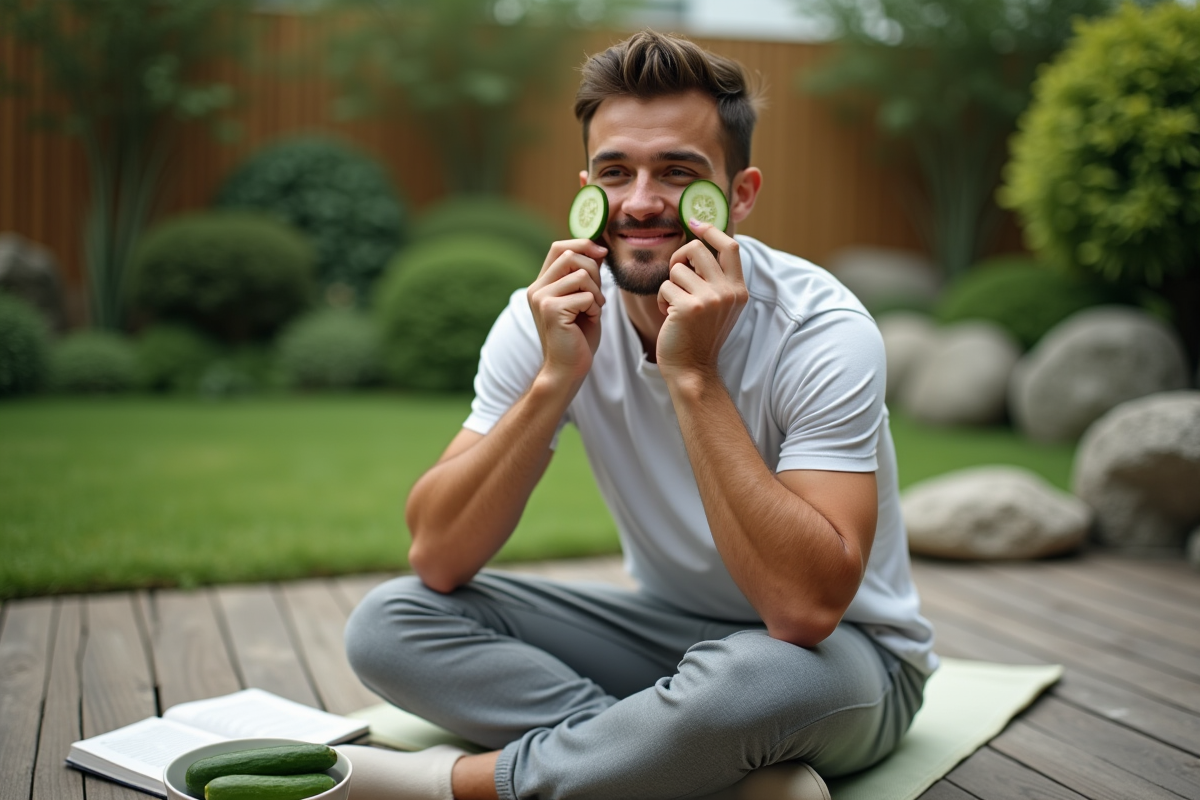 Jeune homme appliquant des tranches de concombre sur le visage