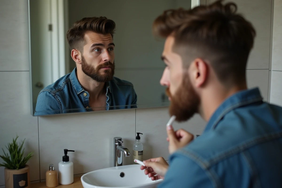 Jeune homme se rasant dans sa salle de bain moderne