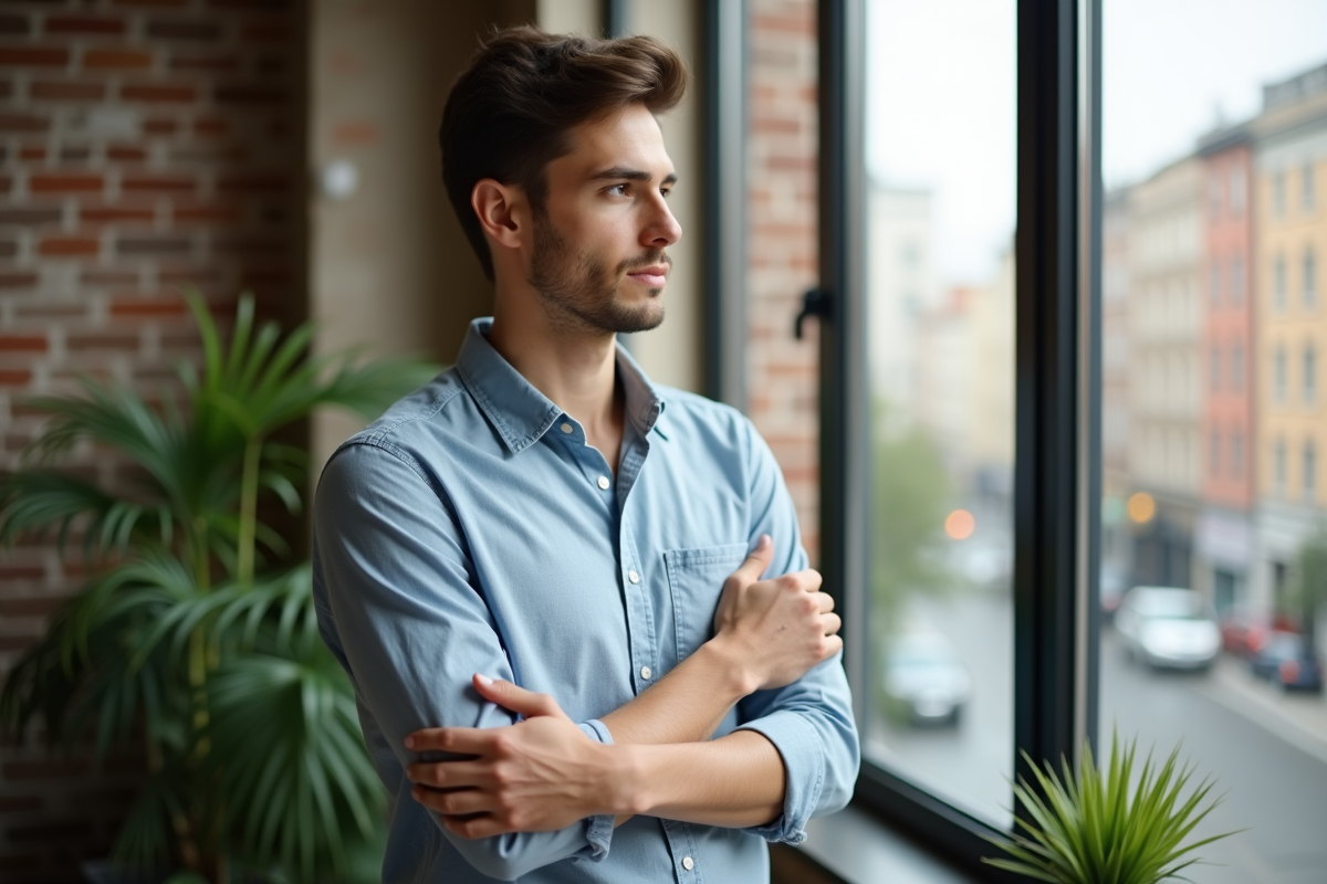 Jeune homme regardant la ville depuis une fenêtre
