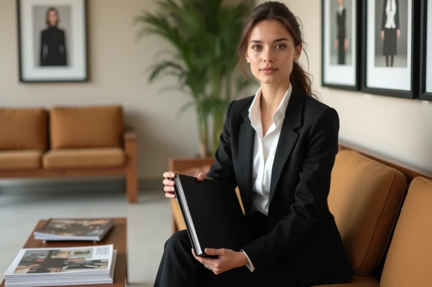 Jeune femme confiante en tailleur dans une salle d'agence