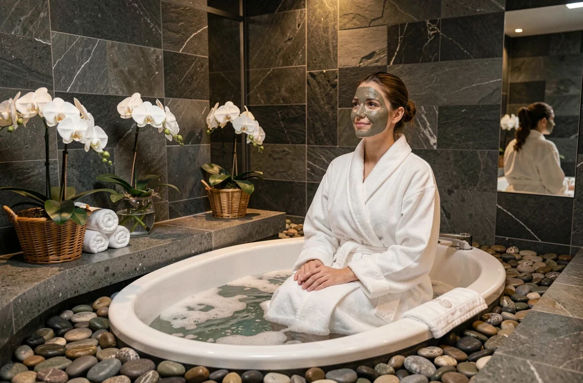 Espace spa luxueux de Krystal Spa à Rennes avec baignoire en pierre, orchidées blanches et cliente en peignoir avec masque facial