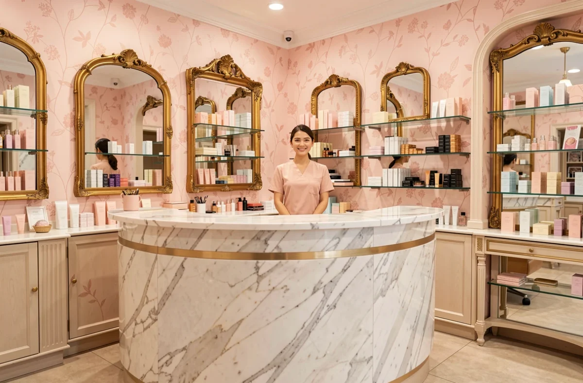Accueil élégant de La Poudrerie à Rennes avec esthétique vintage, comptoir en marbre et miroirs dorés