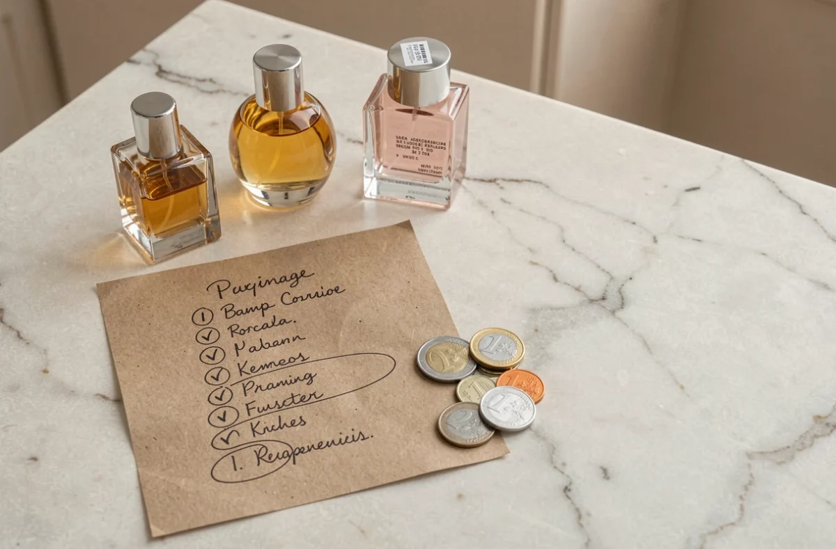 Liste manuscrite de dupes de parfum Adopt posée sur marbre avec flacons et pièces de monnaie