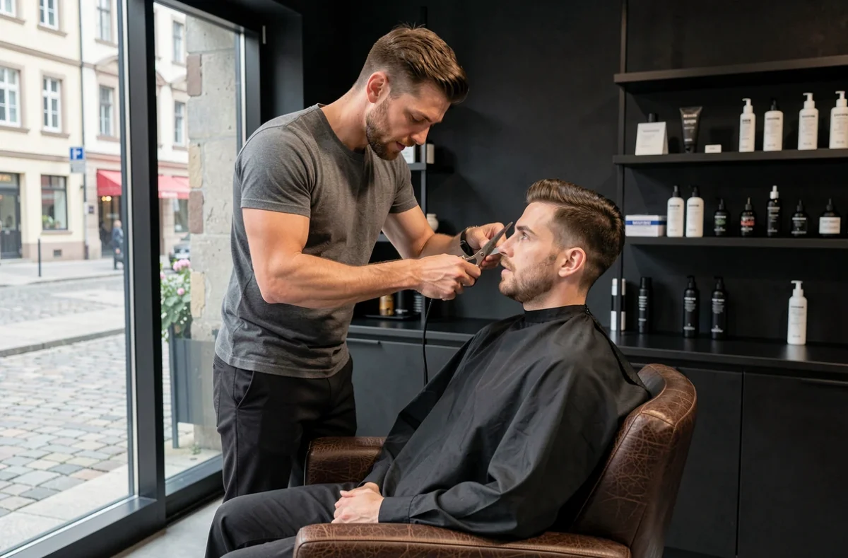 Coiffeur masculin appliquant une technique précise sur un client dans le salon Logan Coiffure à Strasbourg