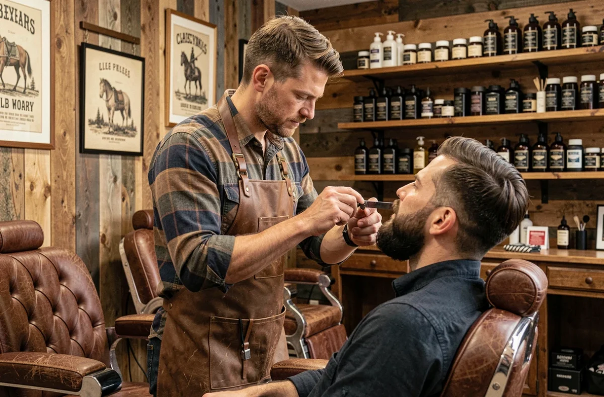 Barbier appliquant un rasage au rasoir droit sur un client dans le salon Longstreet Coiffure et Barbier à Strasbourg