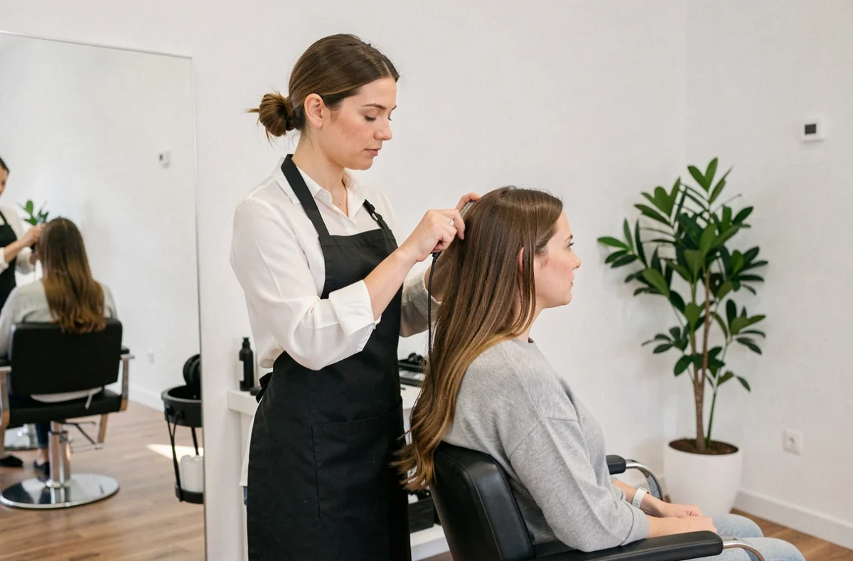 Coiffeuse professionnelle coupant les cheveux d'une cliente dans le salon LS Coiffure à Brumath