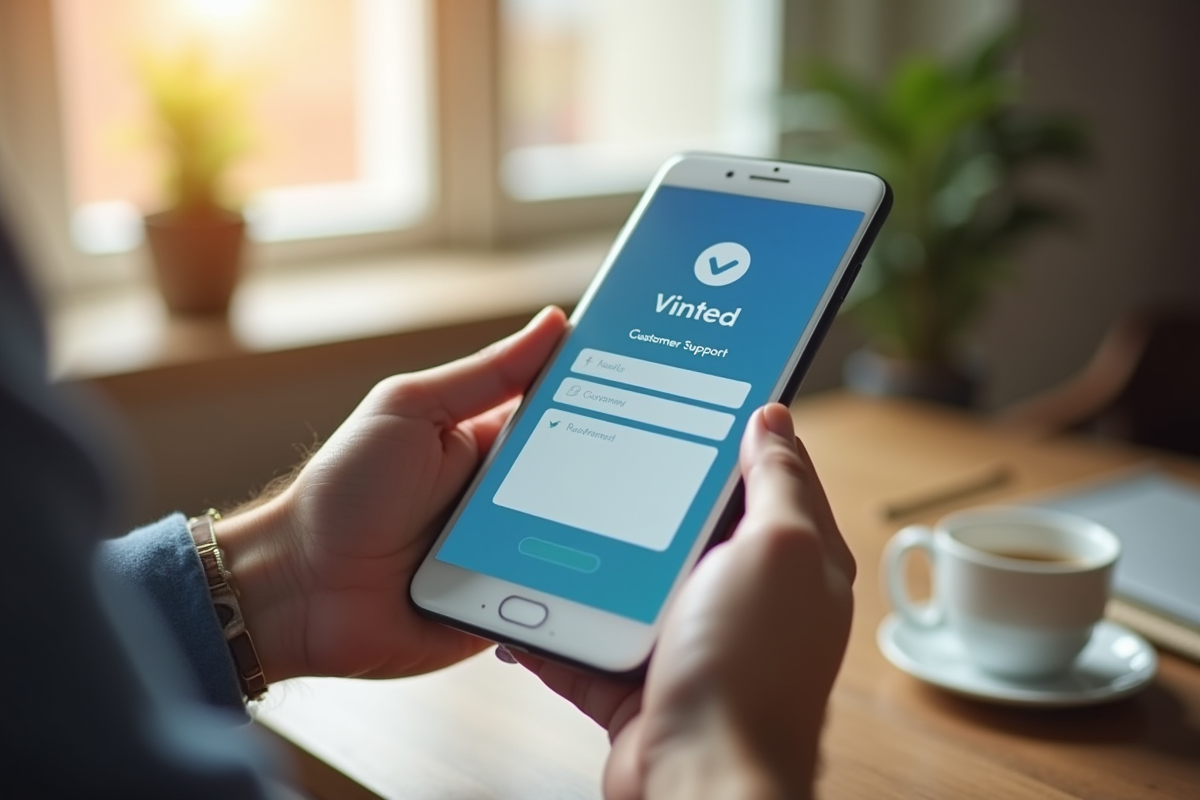 Gros plan sur des mains tenant un smartphone avec support client Vinted