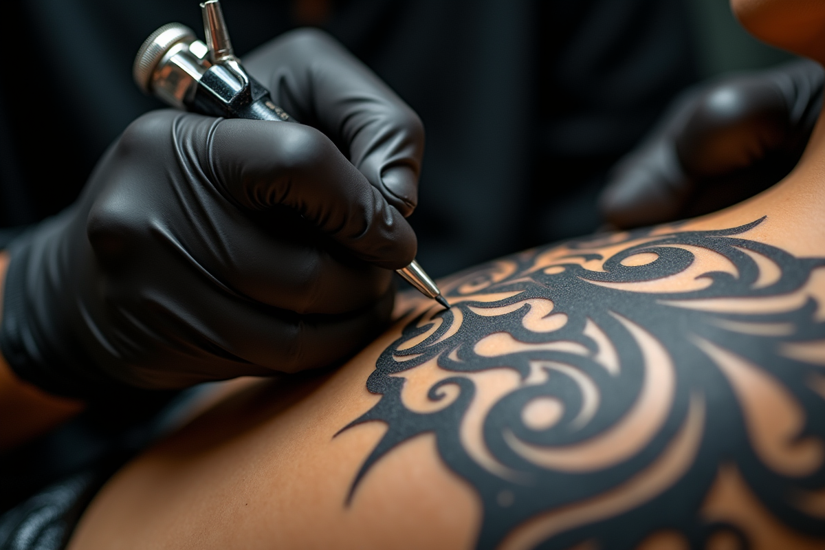 Mains tatouées tenant une machine à tatouer sur le dos du client avec motifs tribaux noirs