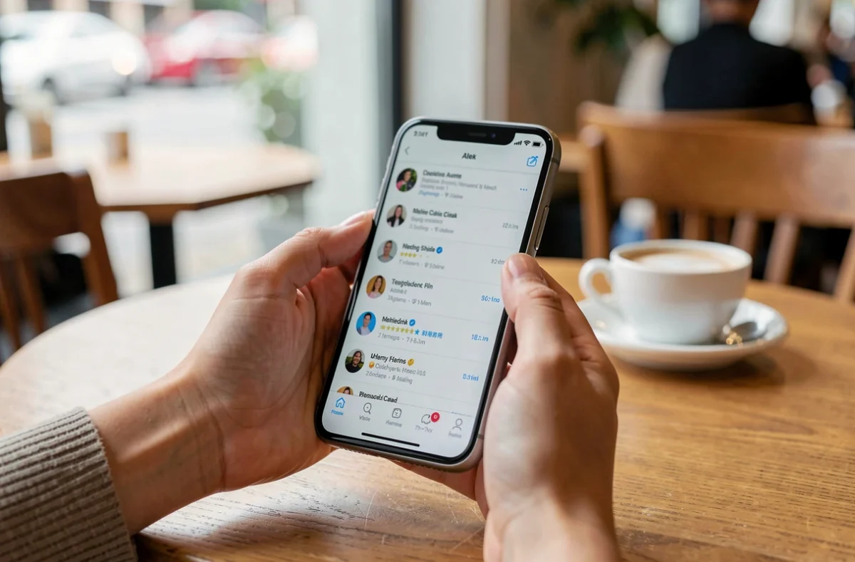Mains tenant un smartphone pour lire des avis sur un institut de beauté