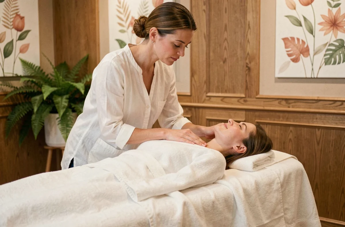 Praticienne de Maison Soléa réalisant un soin du visage relaxant sur une cliente dans un cadre chaleureux et raffiné