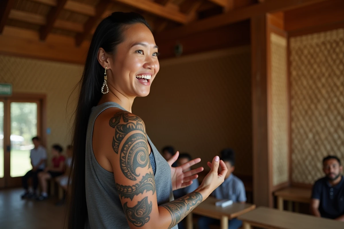 Jeune femme Maori expliquant ses tatouages dans une maison en bois