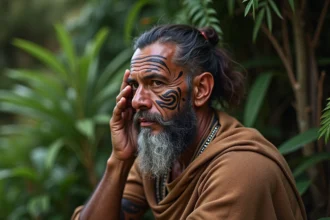 Homme Maori avec moko facial et vêtement traditionnel en plein air