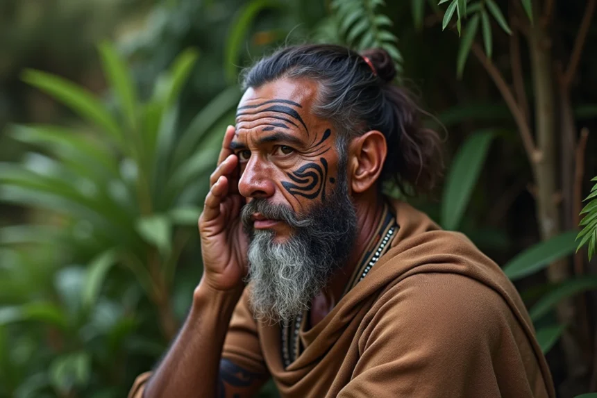 Homme Maori avec moko facial et vêtement traditionnel en plein air