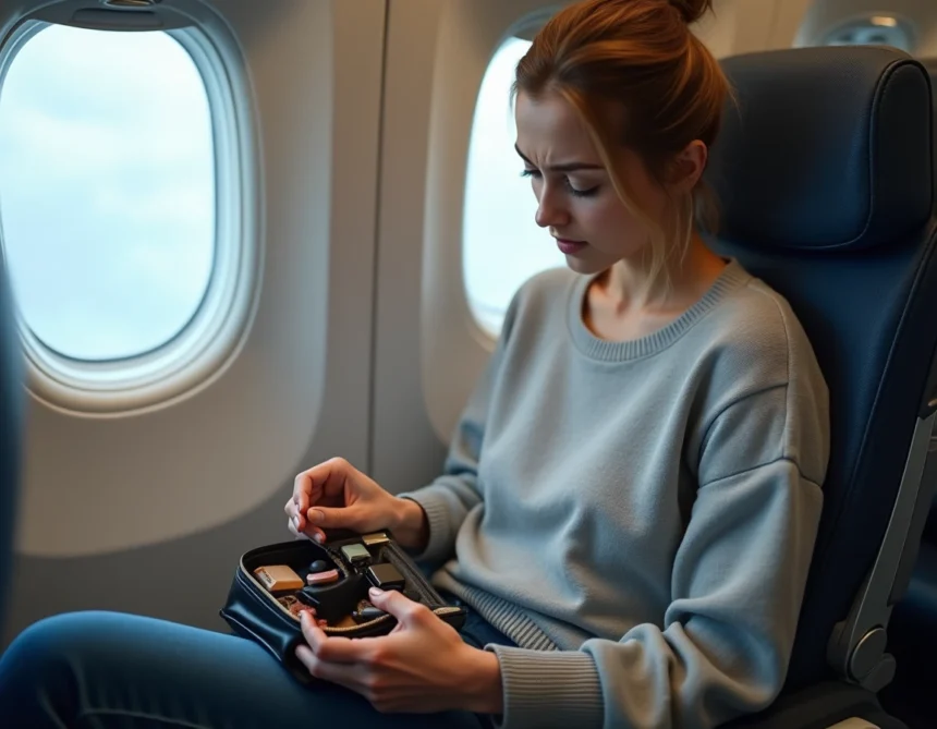 Femme en avion découvrant un fond de teint cassé dans sa trousse de maquillage cabine