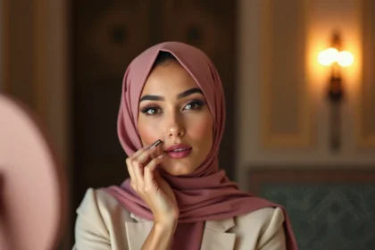 Jeune femme marocaine hijabi appliquant un rouge à lèvres bordeaux devant un miroir dans un riad, maquillage yeux charbonneux élégant