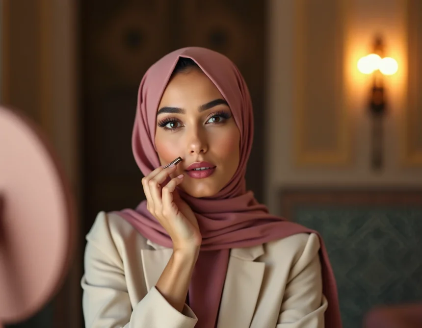 Jeune femme marocaine hijabi appliquant un rouge à lèvres bordeaux devant un miroir dans un riad, maquillage yeux charbonneux élégant