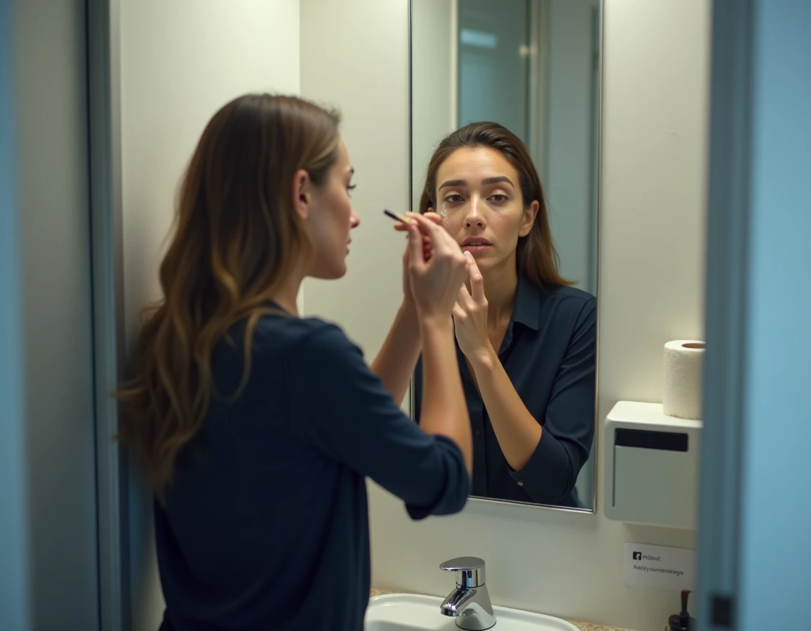 Femme essayant de se maquiller dans les toilettes d'un avion face à un miroir avec une peau sèche