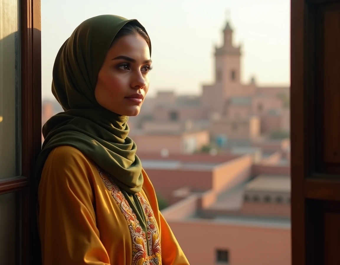 Femme hijabi marocaine en caftan brodé avec un maquillage smoky cuivré devant les toits de la médina de Marrakech