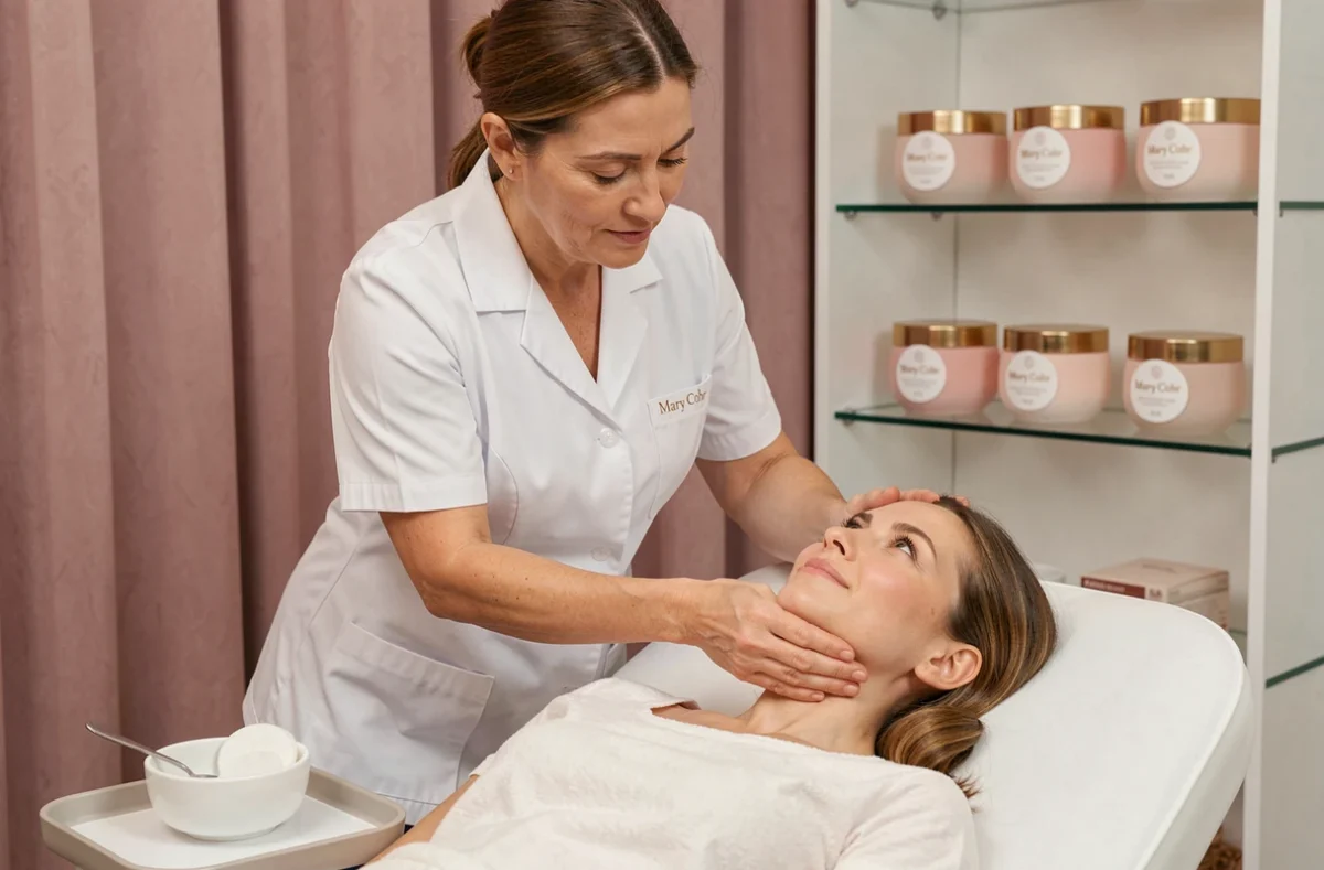 Thérapeute de l'Institut Mary Cohr Lyon réalisant un massage de drainage facial manuel sur une cliente dans un espace de soin aux tons rose poudré avec des produits Mary Cohr visibles en arrière-plan