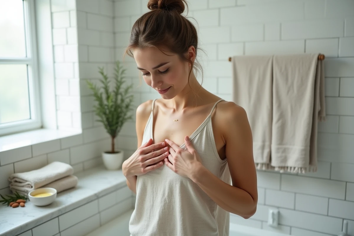 Femme pratiquant un massage doux du décolleté avec une huile végétale dans une salle de bain apaisante