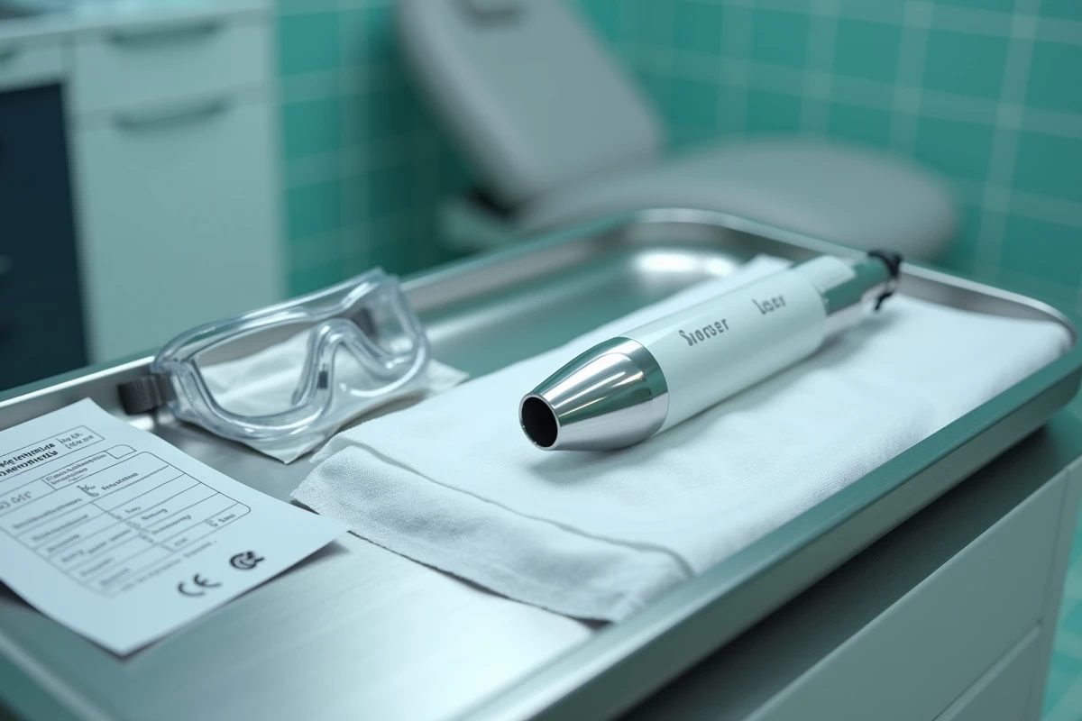 Gros plan sur le matériel laser médical professionnel et les équipements de sécurité disposés sur un plateau stérile en centre esthétique
