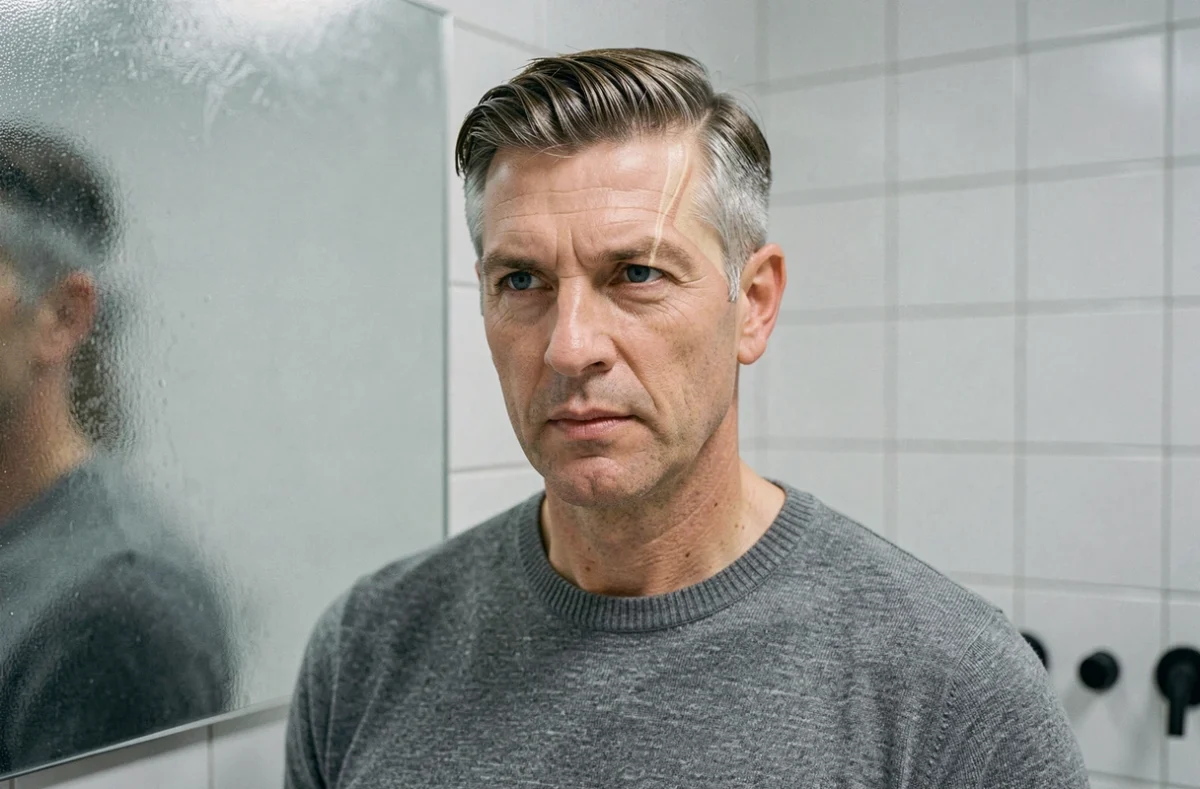 Homme aux cheveux châtains avec mèche blonde sur les tempes grises devant un miroir de salle de bain