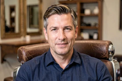 Homme de 40 ans avec mèche blonde naturelle aux tempes grises dans un salon de coiffure moderne