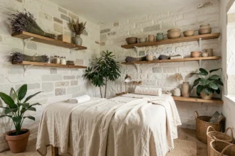 Intérieur d'un institut de beauté breton avec murs en pierre blanche, table de massage drapée de lin et décorations naturelles