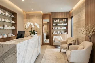 Réception élégante d'un institut de beauté dans le Rhône, avec comptoir en marbre, orchidées blanches et produits de soin exposés sur des étagères en verre