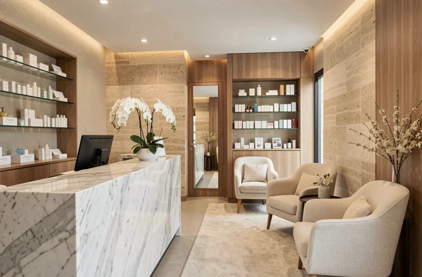Réception élégante d'un institut de beauté dans le Rhône, avec comptoir en marbre, orchidées blanches et produits de soin exposés sur des étagères en verre
