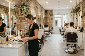 Vue panoramique d'un salon de coiffure moderne en Bretagne avec murs en pierre et mobilier contemporain