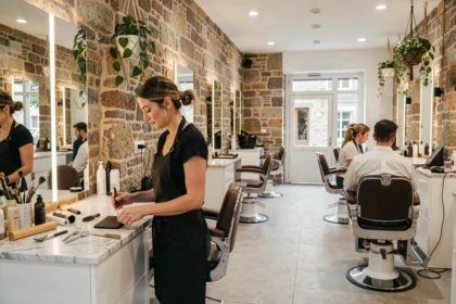 Vue panoramique d'un salon de coiffure moderne en Bretagne avec murs en pierre et mobilier contemporain