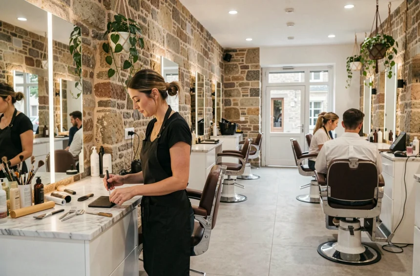 Vue panoramique d'un salon de coiffure moderne en Bretagne avec murs en pierre et mobilier contemporain