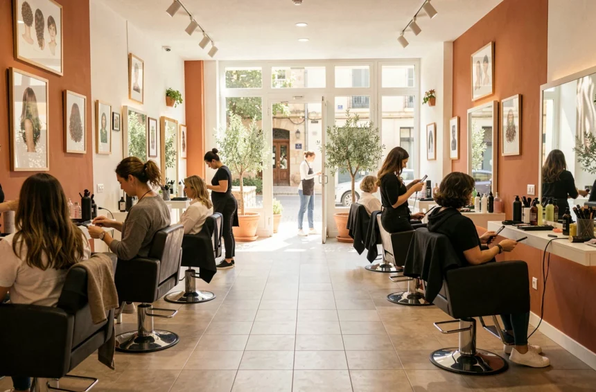 Vue d'ensemble d'un salon de coiffure en Occitanie avec plusieurs stylistes au travail dans un décor chaleureux aux influences méditerranéennes
