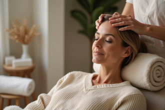 Femme détendue recevant un massage du cuir chevelu dans un spa