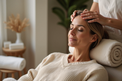 Femme détendue recevant un massage du cuir chevelu dans un spa