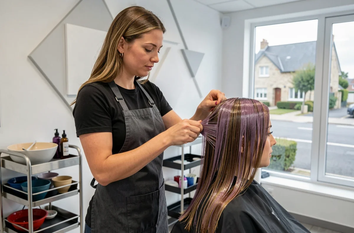 Styliste du salon Novatitud à Kervignac appliquant une coloration sur une cliente dans un espace moderne et lumineux