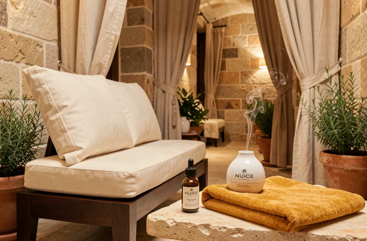Espace détente du Nuxe Spa Lyon avec flacons d'huile sèche ambrés, diffuseur en céramique et serviettes dorées posés sur une surface en pierre naturelle dans un couloir de spa chaleureux
