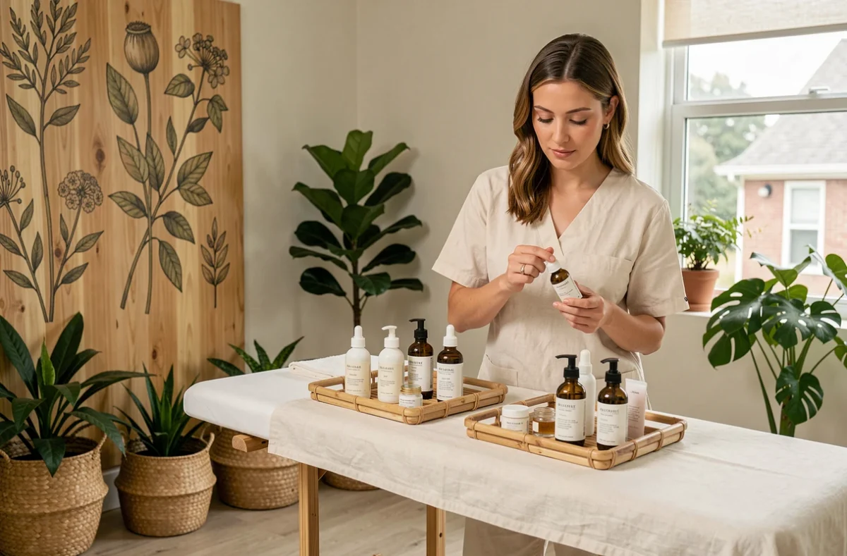 Thérapeute de O Bien-Être à Rennes préparant un soin avec des cosmétiques biologiques certifiés dans un espace naturel et végétal