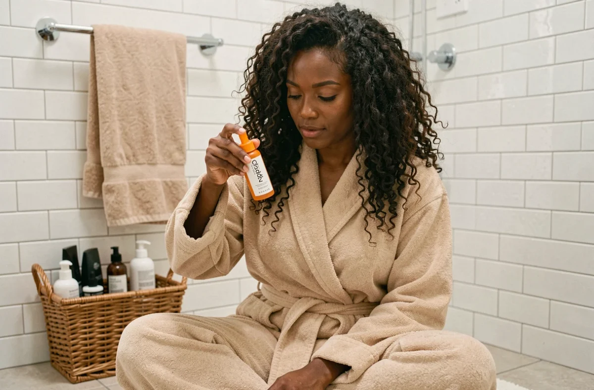 Femme aux cheveux bouclés appliquant l'Olaplex N°3 chez elle dans sa salle de bain